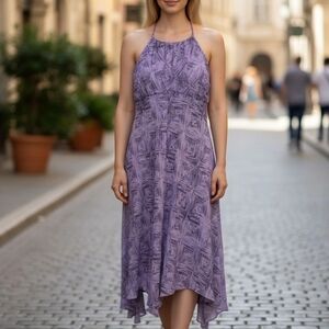 Evan Picone Vintage Boho Halter Dress Irregular Hem Mauve & Cranberry Flowy size